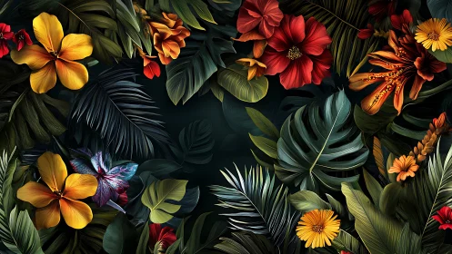 Tropical Blooms Dance Across Emerald Shadows With Luminous Splendor