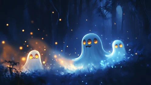 Friendly glowing ghosts wandering through a moonlit forest.