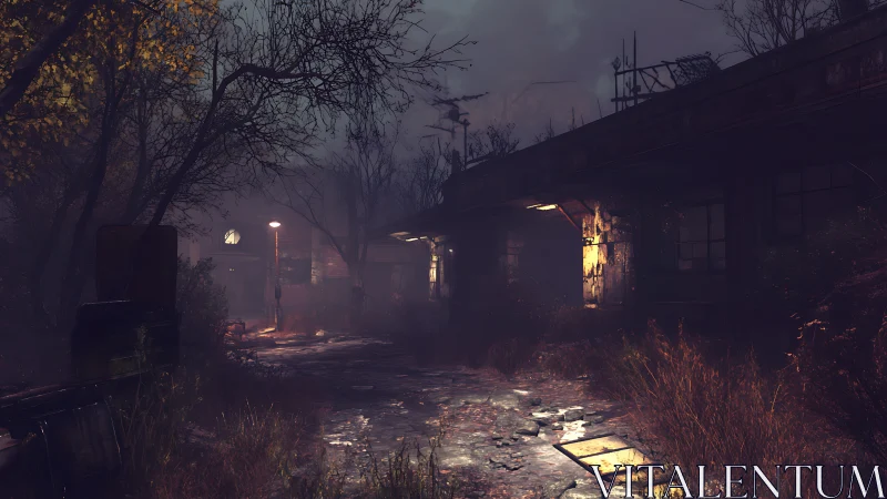 Foggy abandoned street glows with eerie yellow light at night.