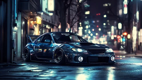 Midnight street racer rests under glowing city lights