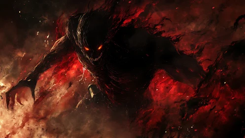 Demonic shadow creature lunging from fiery red darkness.