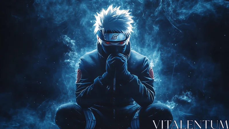 Masked ninja figure in blue smoke with glowing red eyes.