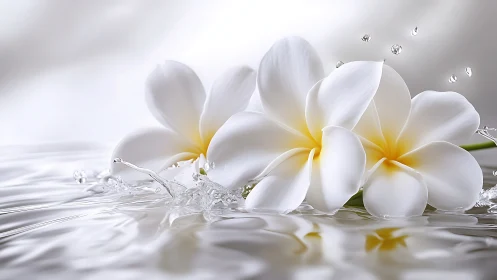White Plumeria Flowers Floating in Crystal Water Splash