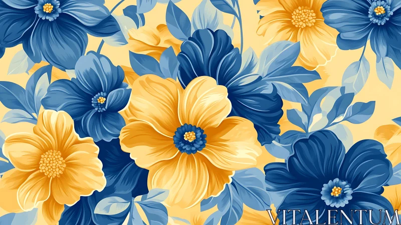 Blue and Yellow Flowers in Decorative Floral Pattern
