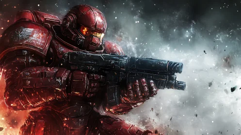 Armored space marine advances through explosive battlefield.