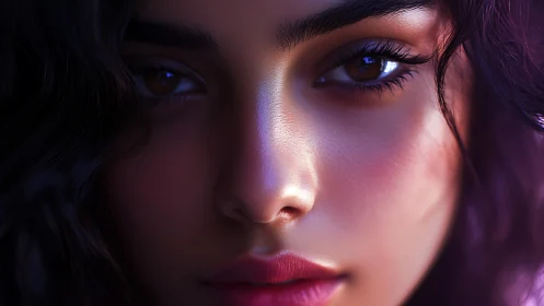 Digital close-up portrait shows detailed young woman’s face