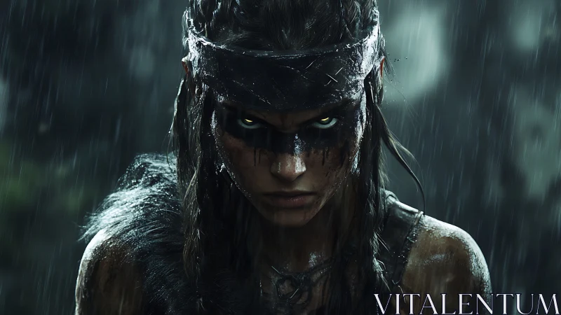 Warrior’s glare under stormy rain in cinematic close-up.