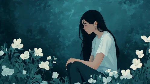 Solitary girl sits among white flowers in teal twilight