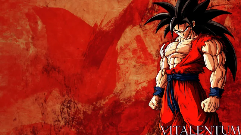 Muscular anime fighter stands against textured red backdrop