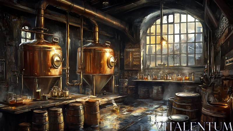 Industrial brewery interior with copper stills, barrels, and steam.
