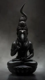 Monolithic black Ganesha sculpture in meditative stillness.