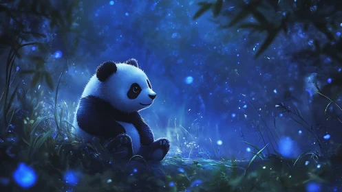 Baby panda rests in glowing blue forest night scene.