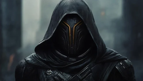 Hooded sci fi warrior stands in brooding futuristic alley