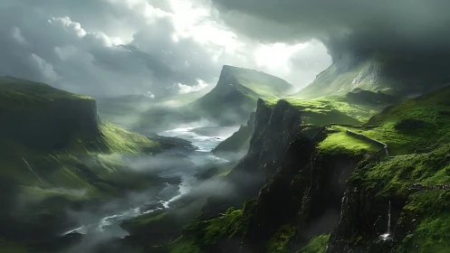 Emerald canyon valley under storm-lit volumetric skyscape.