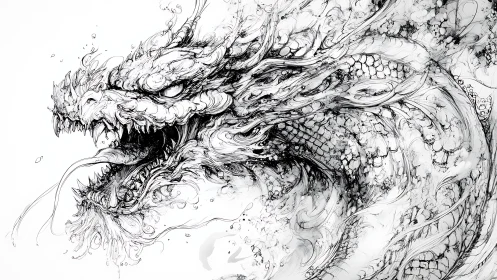 Ink dragon erupts in swirling aggressive monochrome lines.