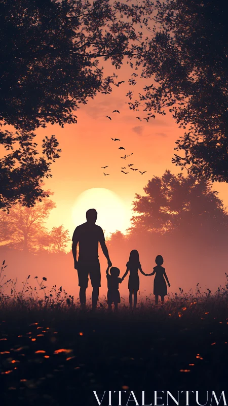 Silhouetted family walking toward sunset through forest clearing.
