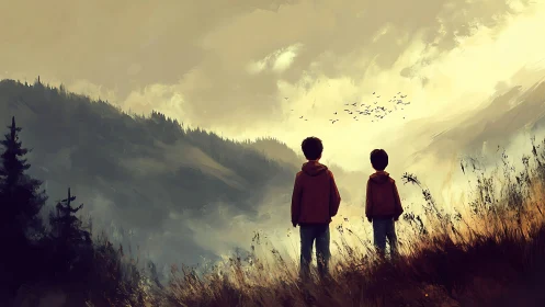 Two figures gazing mountain valley landscape golden atmospheric light