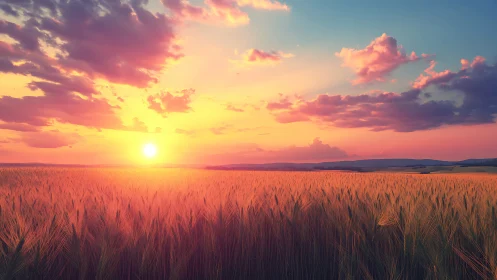 Sunset brushes a wheat ocean with molten pastel light