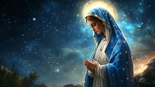 Starry night prayer with a serene blue cloaked figure.