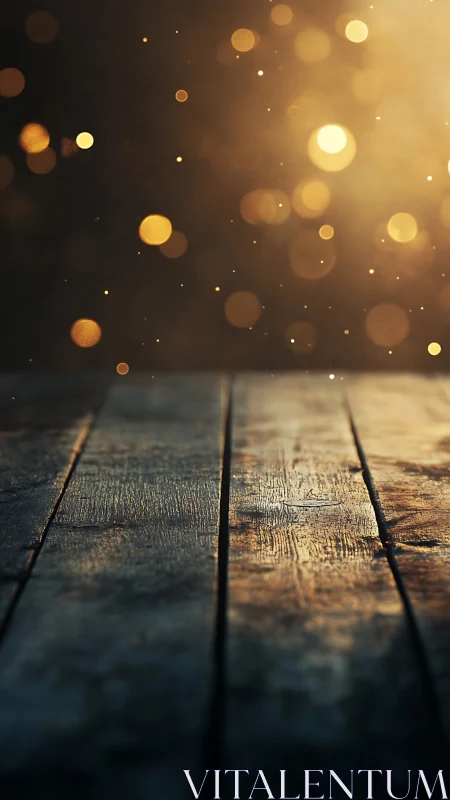 Weathered wooden planks sit under warm out-of-focus lights.