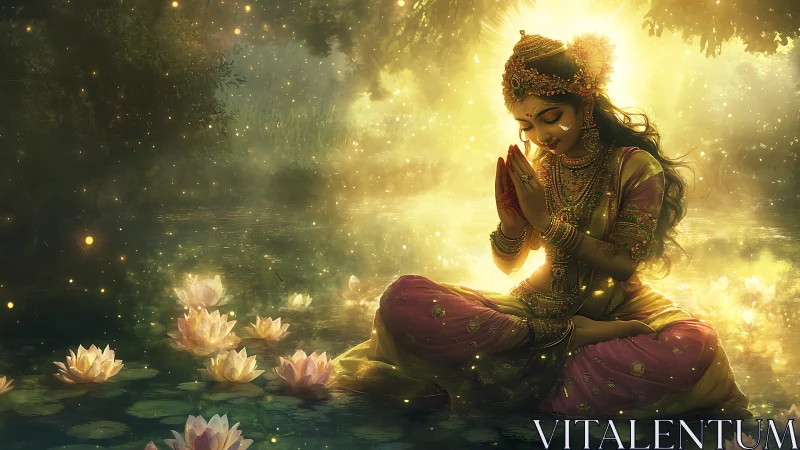 Divine lotus meditation in luminous riverine sanctuary digital painting.