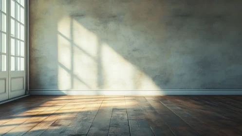 Sunlit empty room with warm wooden floor and soft shadows.