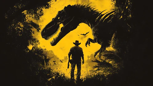 Silhouetted explorer confronts roaring T-rex in high-contrast jungle