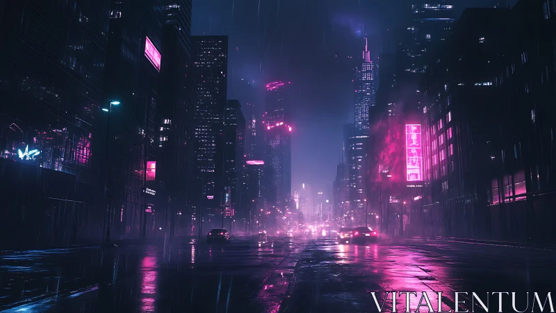 Neon lit rainy city street with distant highrise skyline.