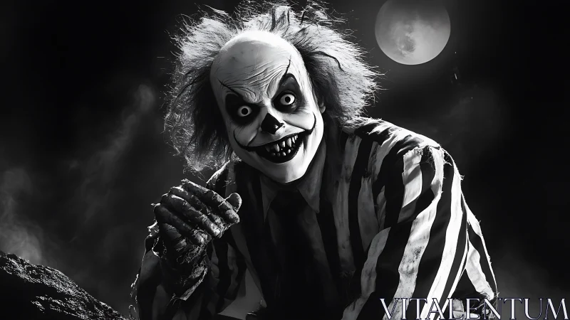 Grinning horror clown leans forward under full moonlight