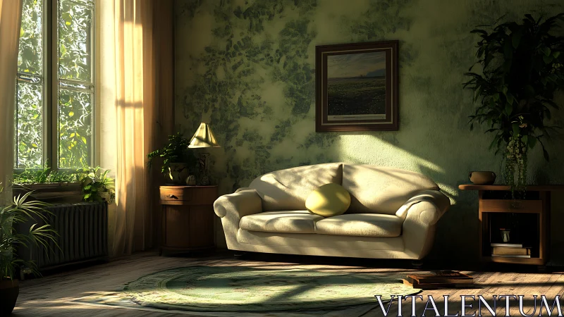 Sunlit green living room with sofa and indoor plants.