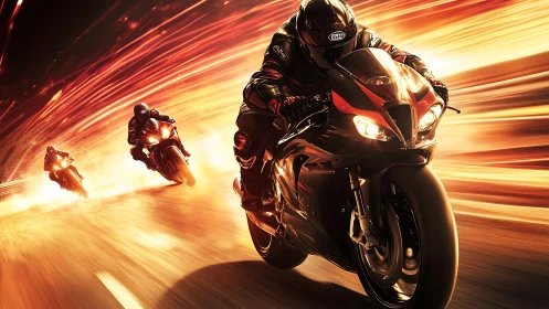 Racing superbikes blaze through a tunnel of molten light