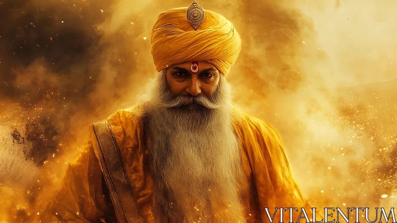 Golden sage in swirling light and quiet inner fire.