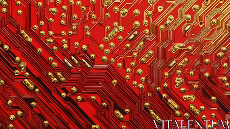 Red and gold circuit board gleams with intricate connections
