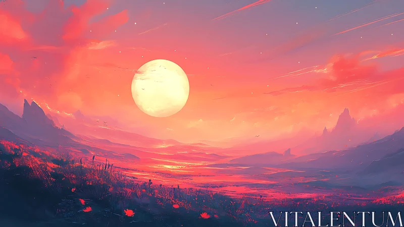 Expansive alien valley under oversized sun with saturated red haze