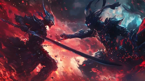 Infernal armored duel amid swirling crimson void.
