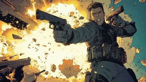 Explosive firefight with dual-wielding agent in mid-blast.