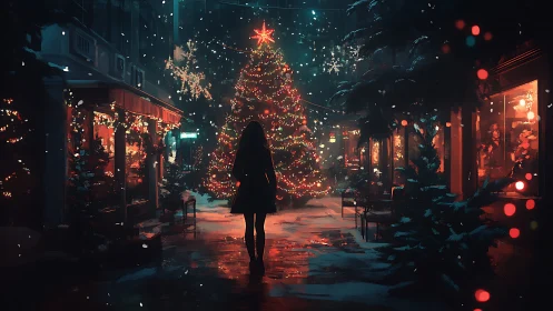 Quiet winter stroll toward a glowing Christmas tree scene.