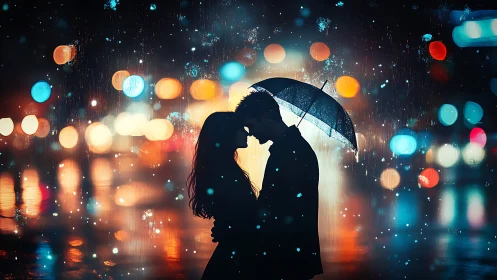 Silhouetted Couple Kissing Under Umbrella in Urban Rain with Bokeh Lights
