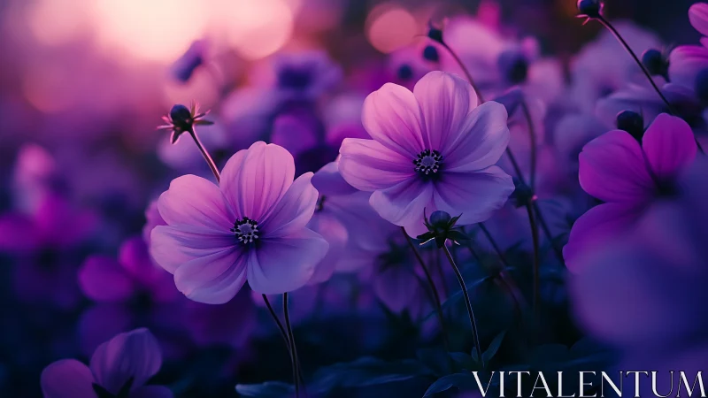 Purple Cosmos Flowers in Twilight's Gentle Glow.