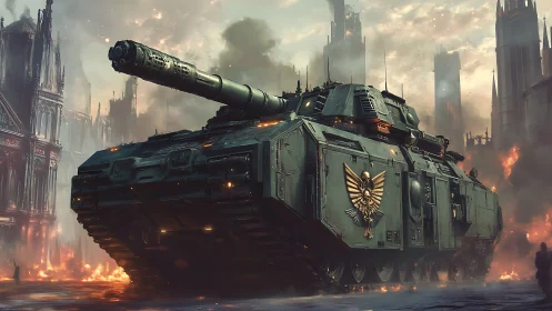 Heavily armored sci fi tank advances through burning city.