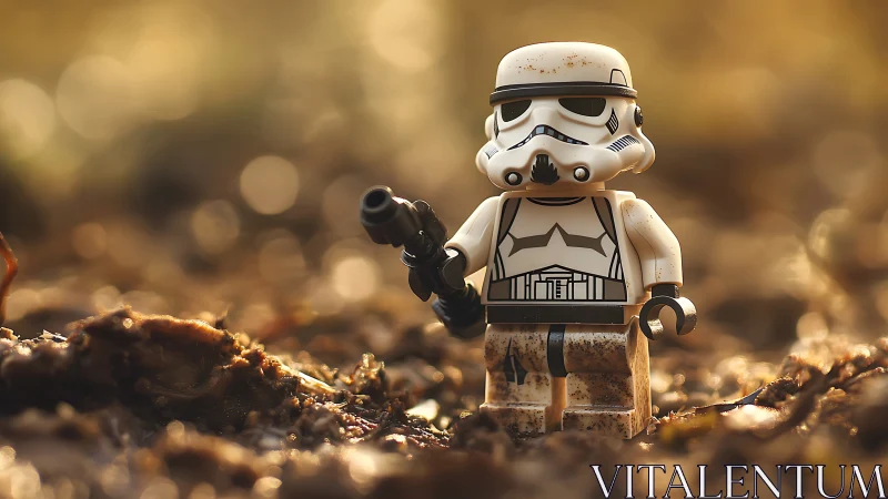 Lego stormtrooper figure stands in shallow focus outdoor scene