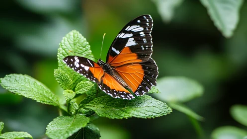 Orange black butterfly rests on fresh green garden leaves