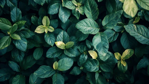 Top-down macro study of dense green foliage in moody light