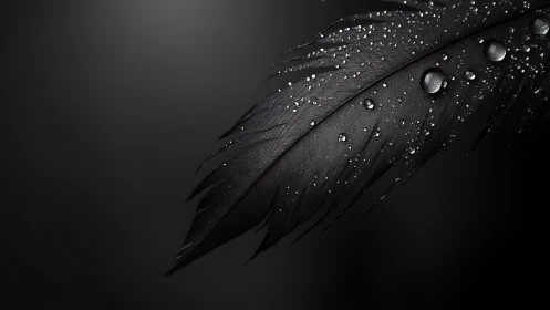 Dark bird feather holds water droplets on a black background