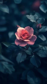 Pink Rose Blooms Against Moody Teal Garden.