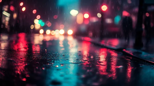Rain-soaked neon boulevard renders cinematic cyberpunk bokeh