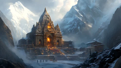 Mountain temple complex with snow-covered peaks at dusk.