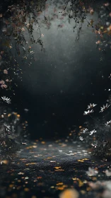 Nocturnal floral pathway under misty cinematic backlight.