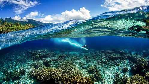 Surfer gliding underwater above tropical coral reef seascape.