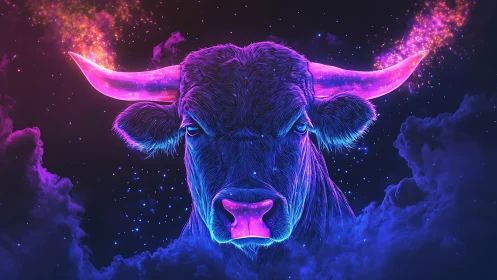 Bioluminescent neon bull portrait in cosmic nebula clouds